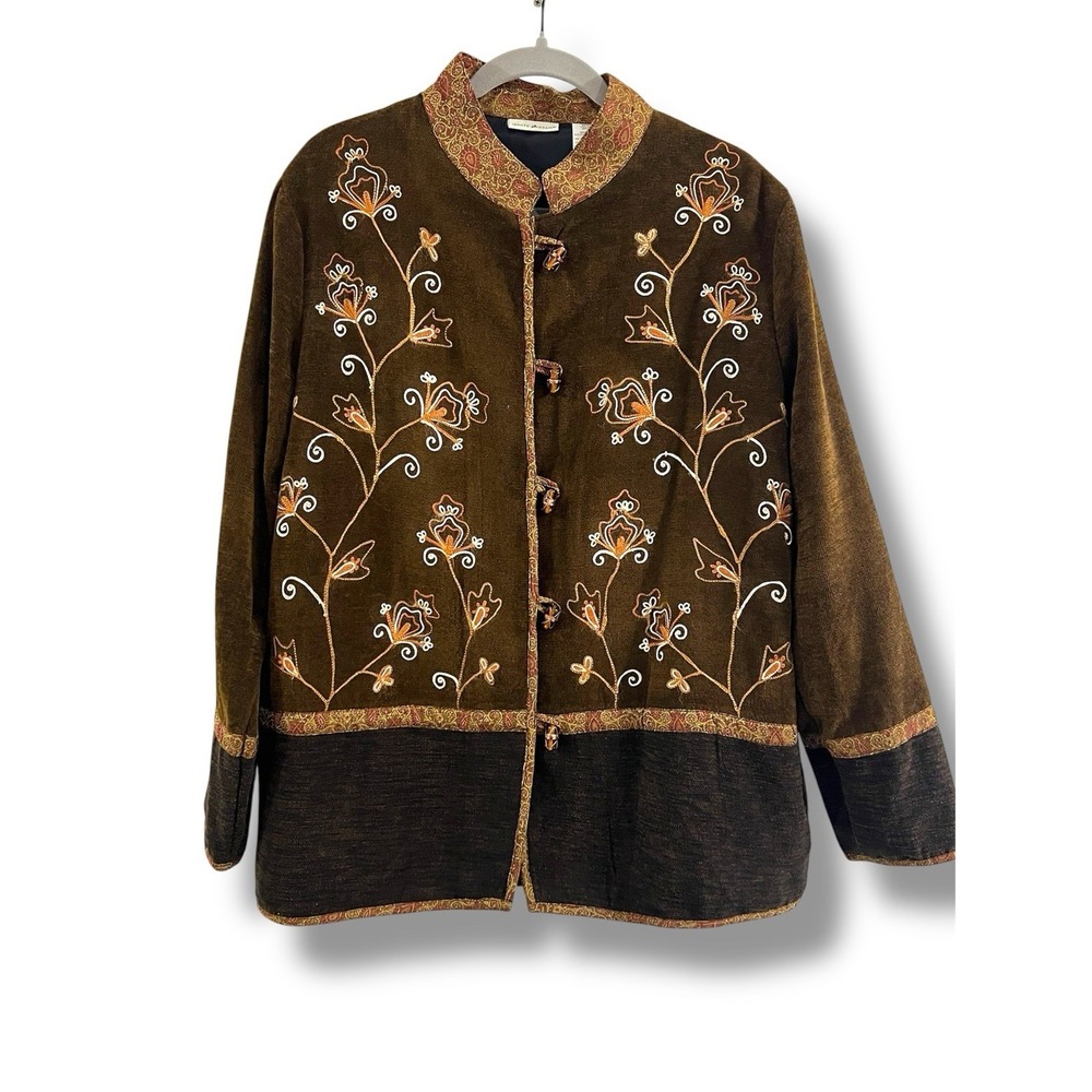 Vintage Floral Paisley Embroidered Brown Gold Jacket L Coat Cottagecore Folk Art